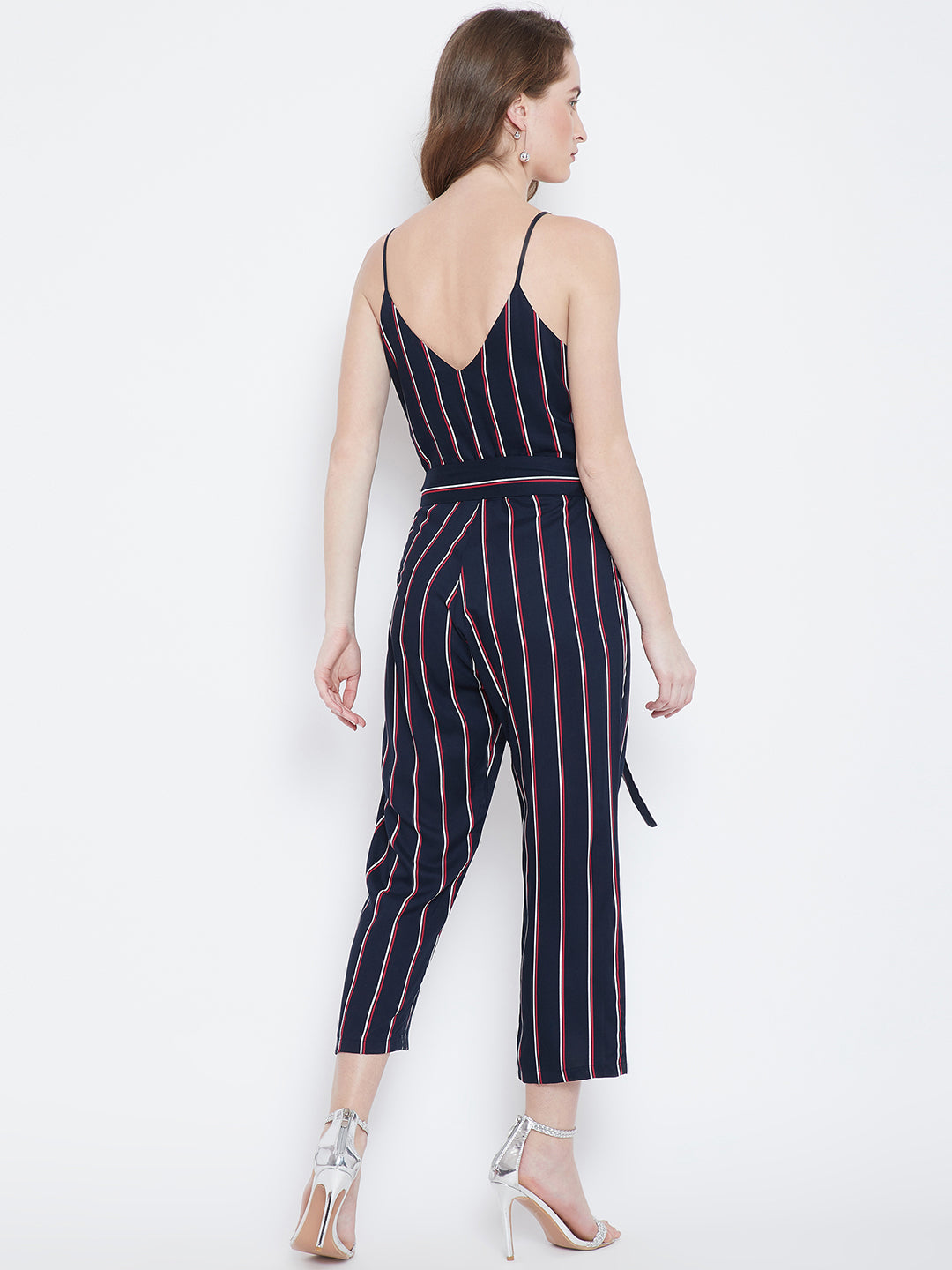 Navy Blue & Red Striped Capri Jumpsuit - Berrylush