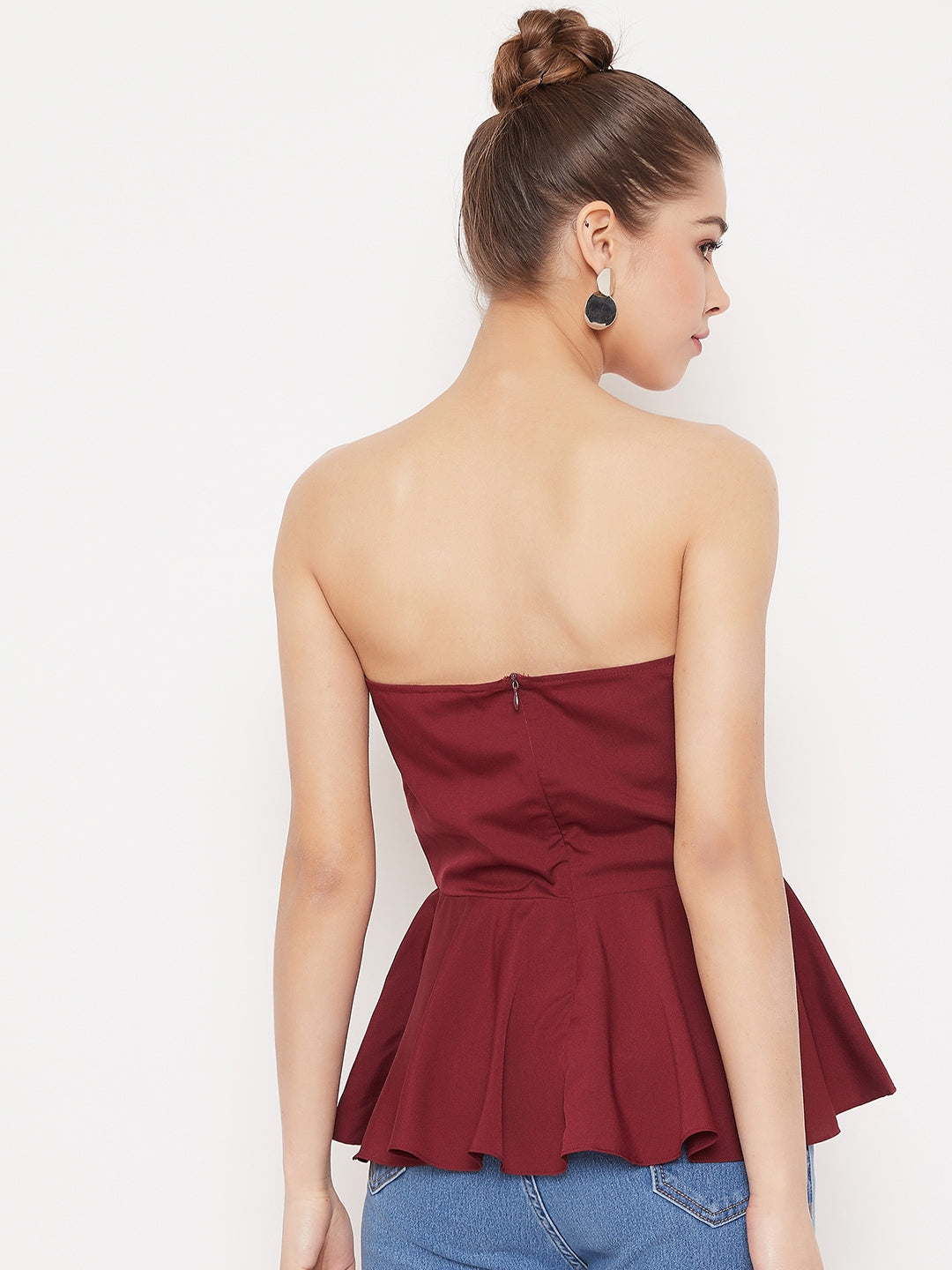 Berrylush Women Solid Maroon Strapless Neck Sleeveless Crepe Peplum Top