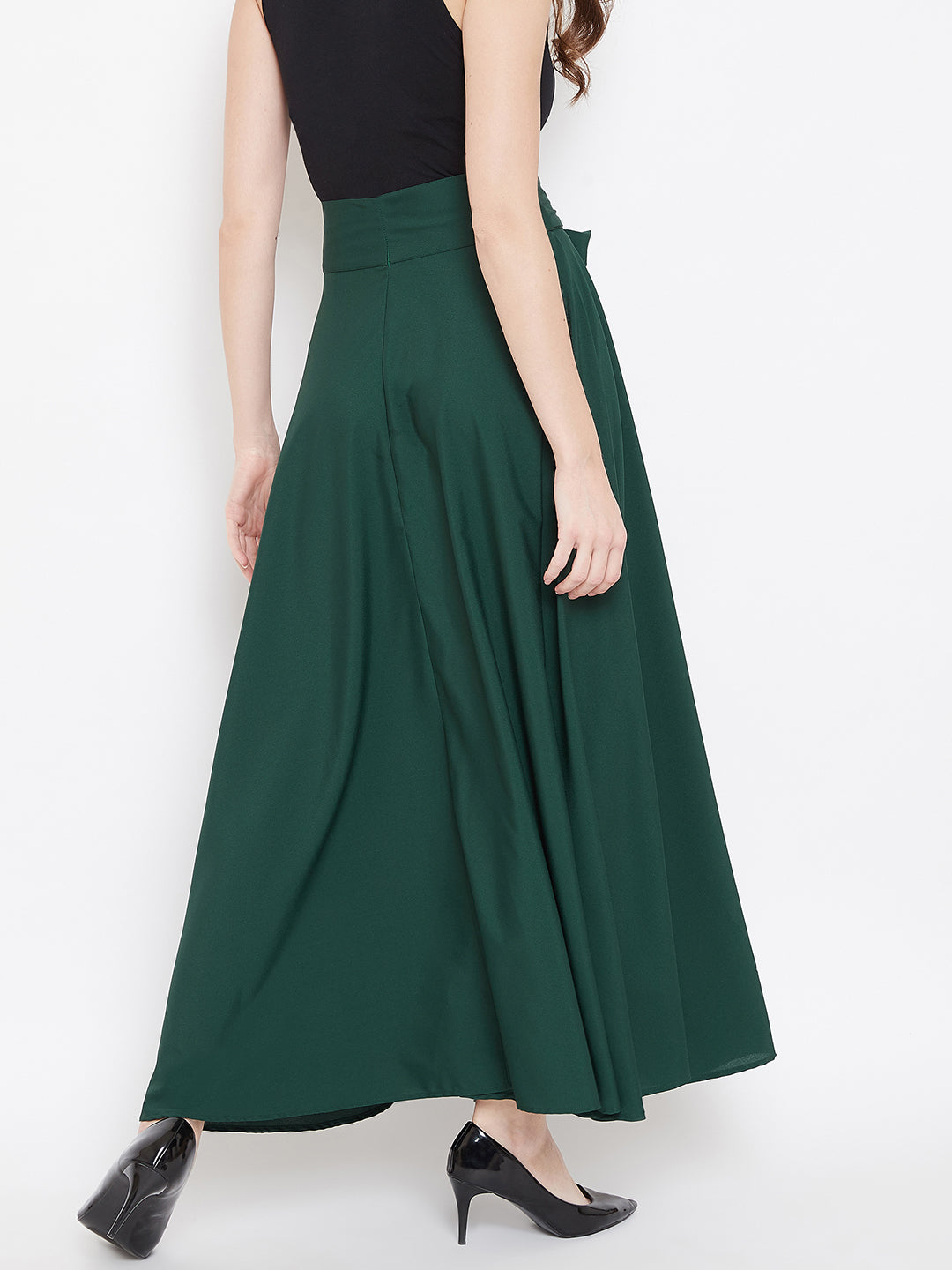 Berrylush Women Solid Green Waist Tie-Up High Waist Flared Maxi Skirt