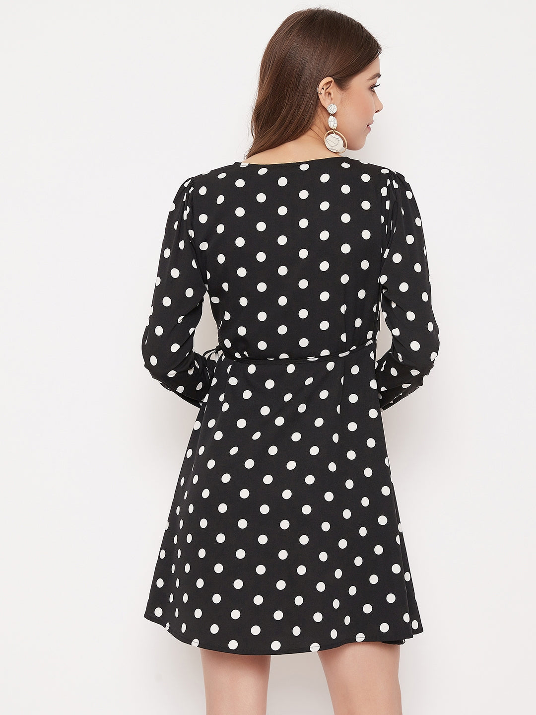 Berrylush Women Black & White Polka Dot Printed Wrap Mini Dress
