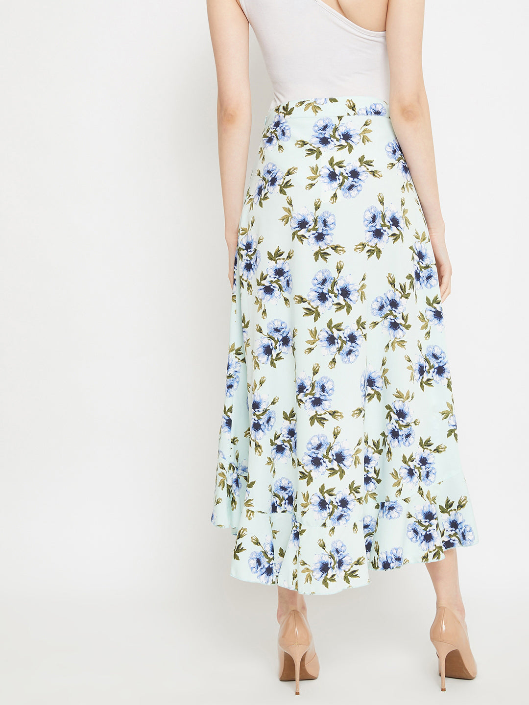 Berrylush Women Green Floral Print High-Low Wrap Midi Skirt