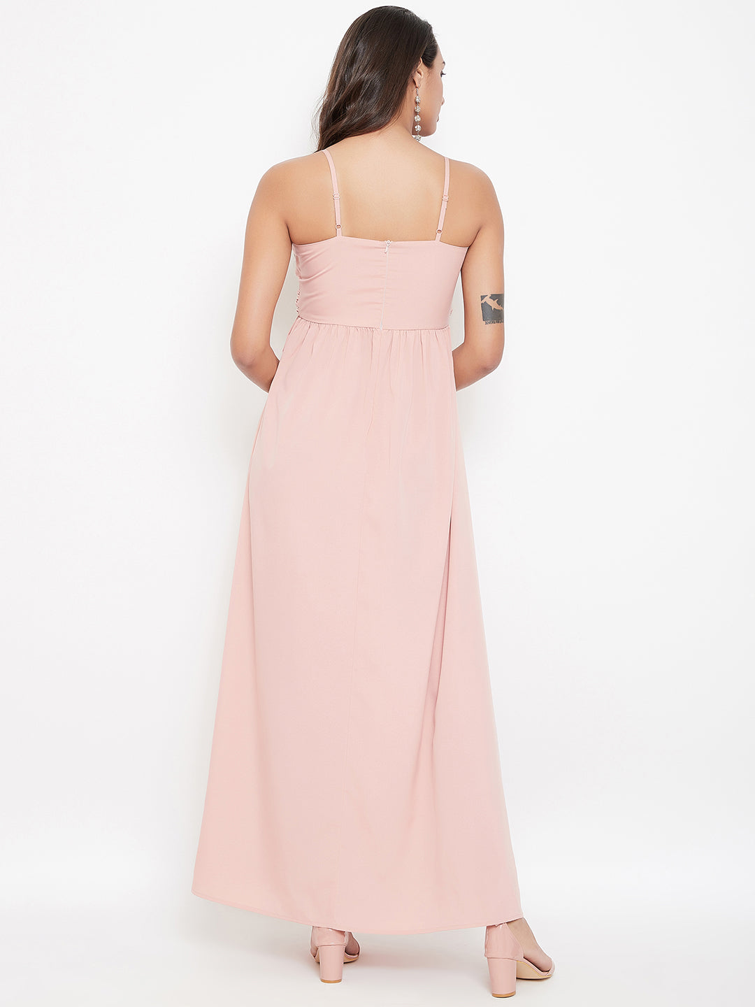 Berrylush Women Solid Pink V-Neck Sleeveless Ruched Maxi Dress