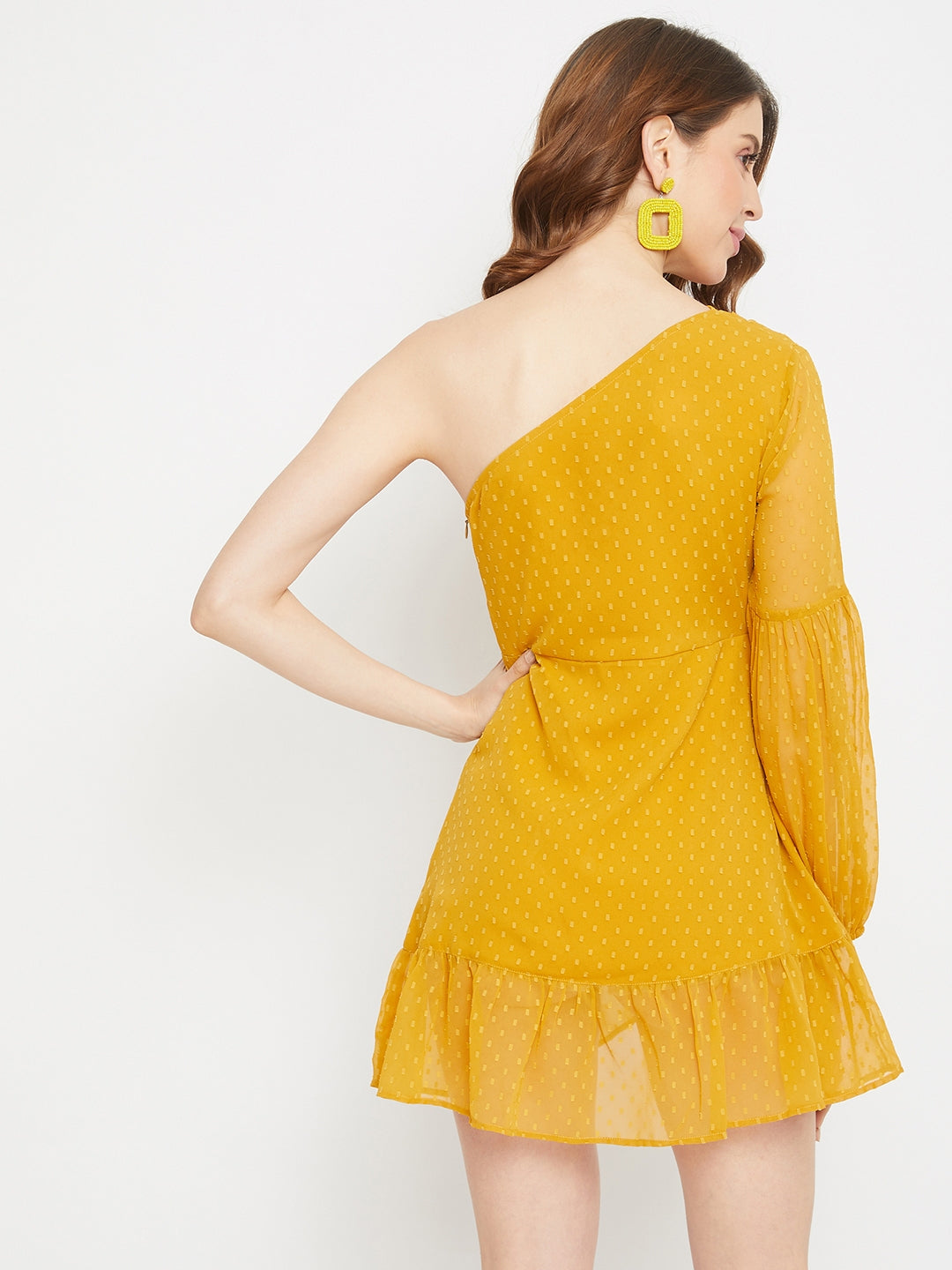 Berrylush Women Mustard Dotted One-Shoulder Fit & Flare Mini Dress