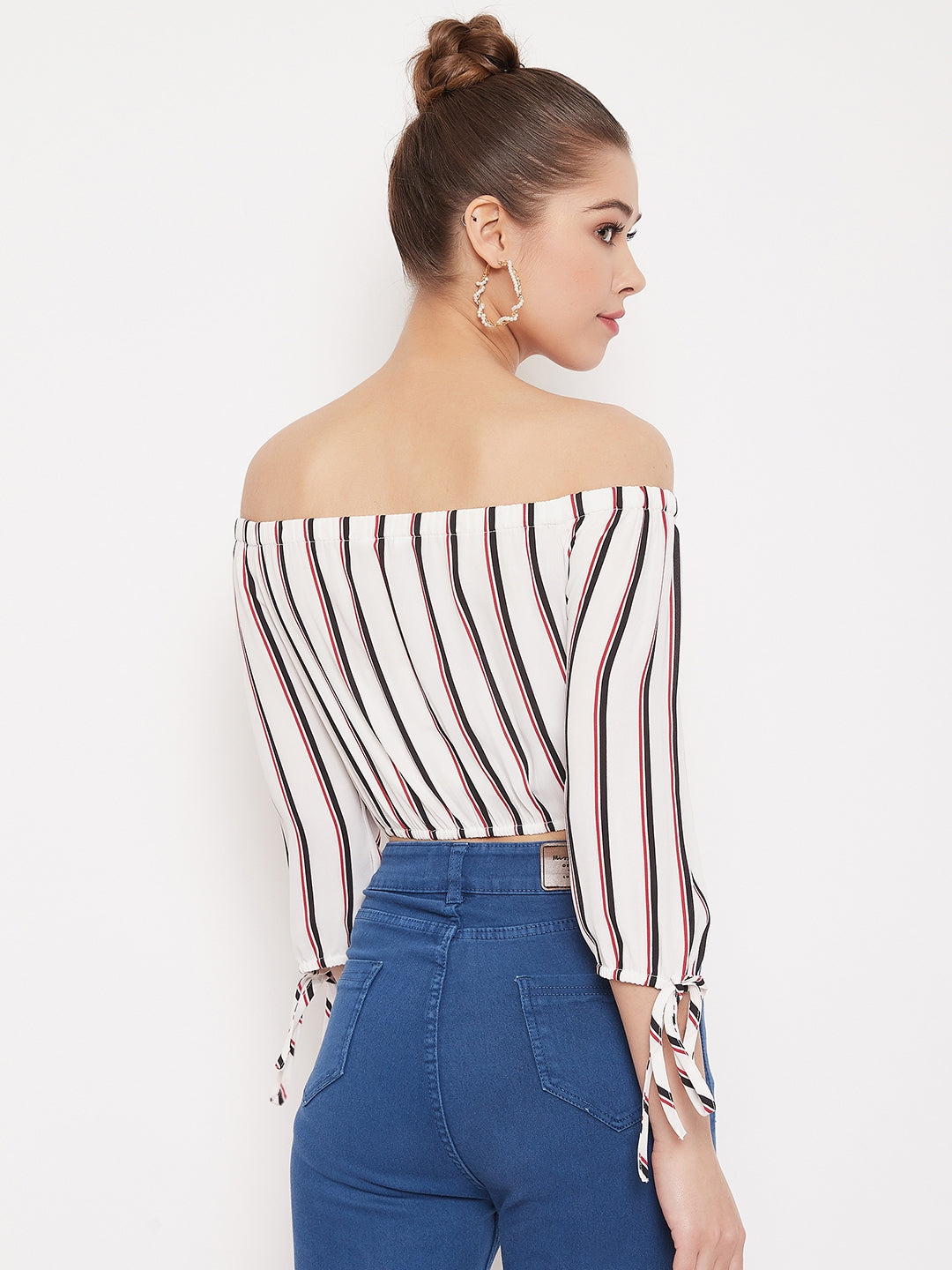 Berrylush Women White & Black Stripe Printed Off-Shoulder Neck Tie-Up Cropped Bardot Top