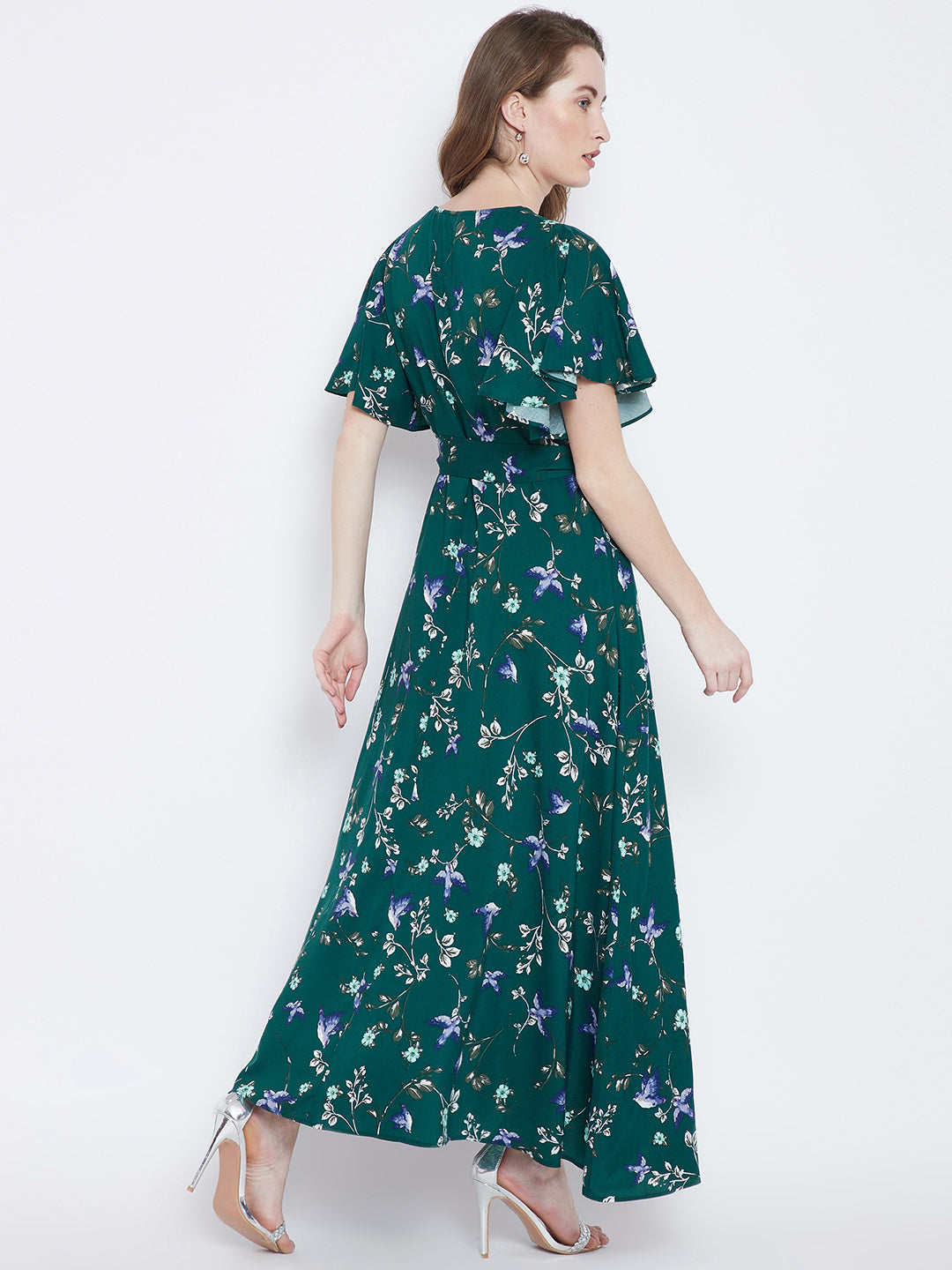 Berrylush Women Green Floral Printed V-Neck Waist Tie-Up Thigh-High Sl Berrylush Women Green Floral Printed V-Neck Waist Tie-Up Thigh-High Sl