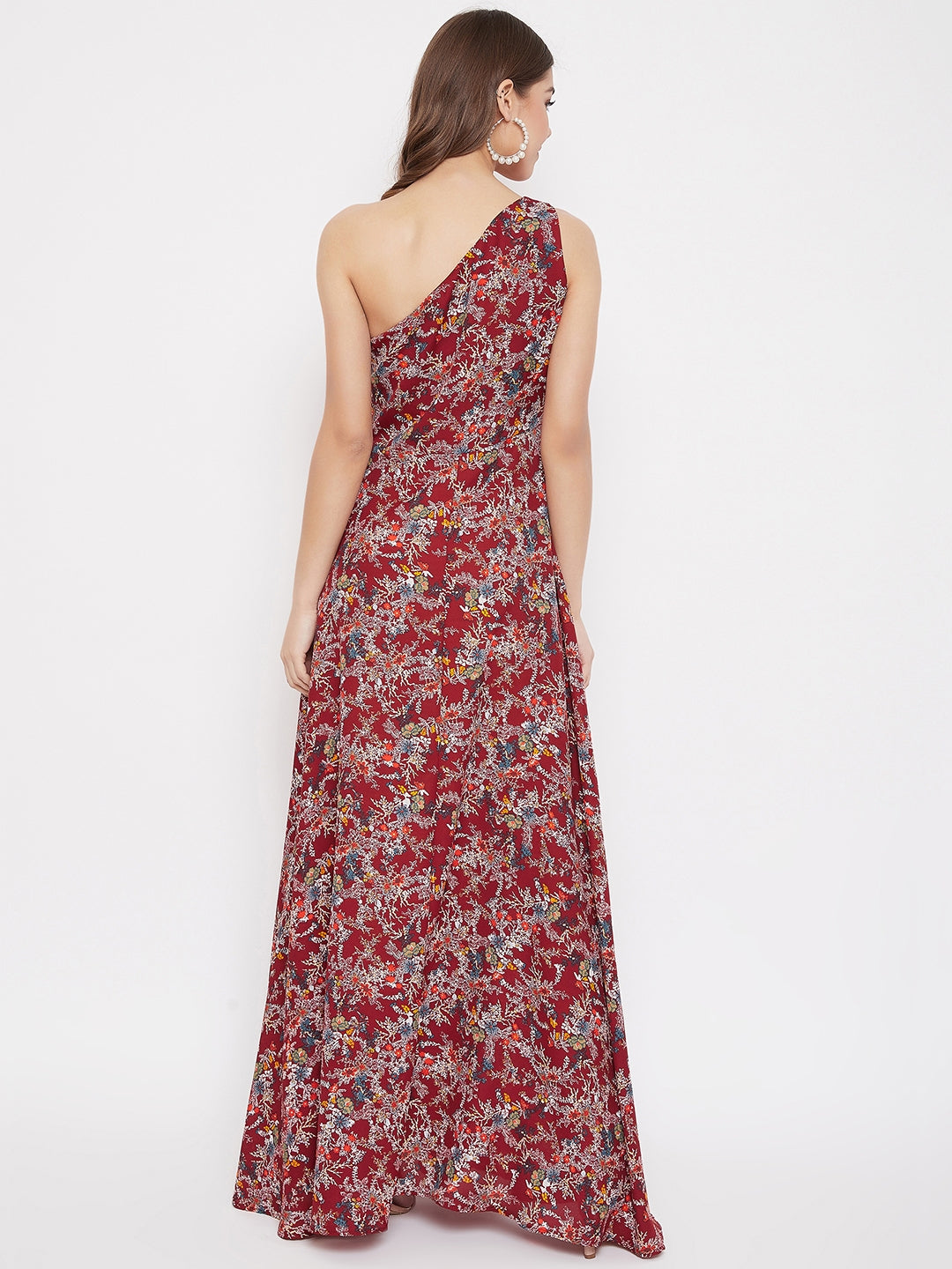 Berrylush Women Maroon Floral Printed One Shoulder Maxi Dress
