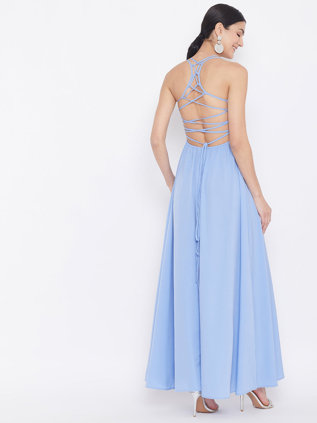 Berrylush Women Solid Blue Square Neck Tie-Up Caged Back Flared Maxi Dress