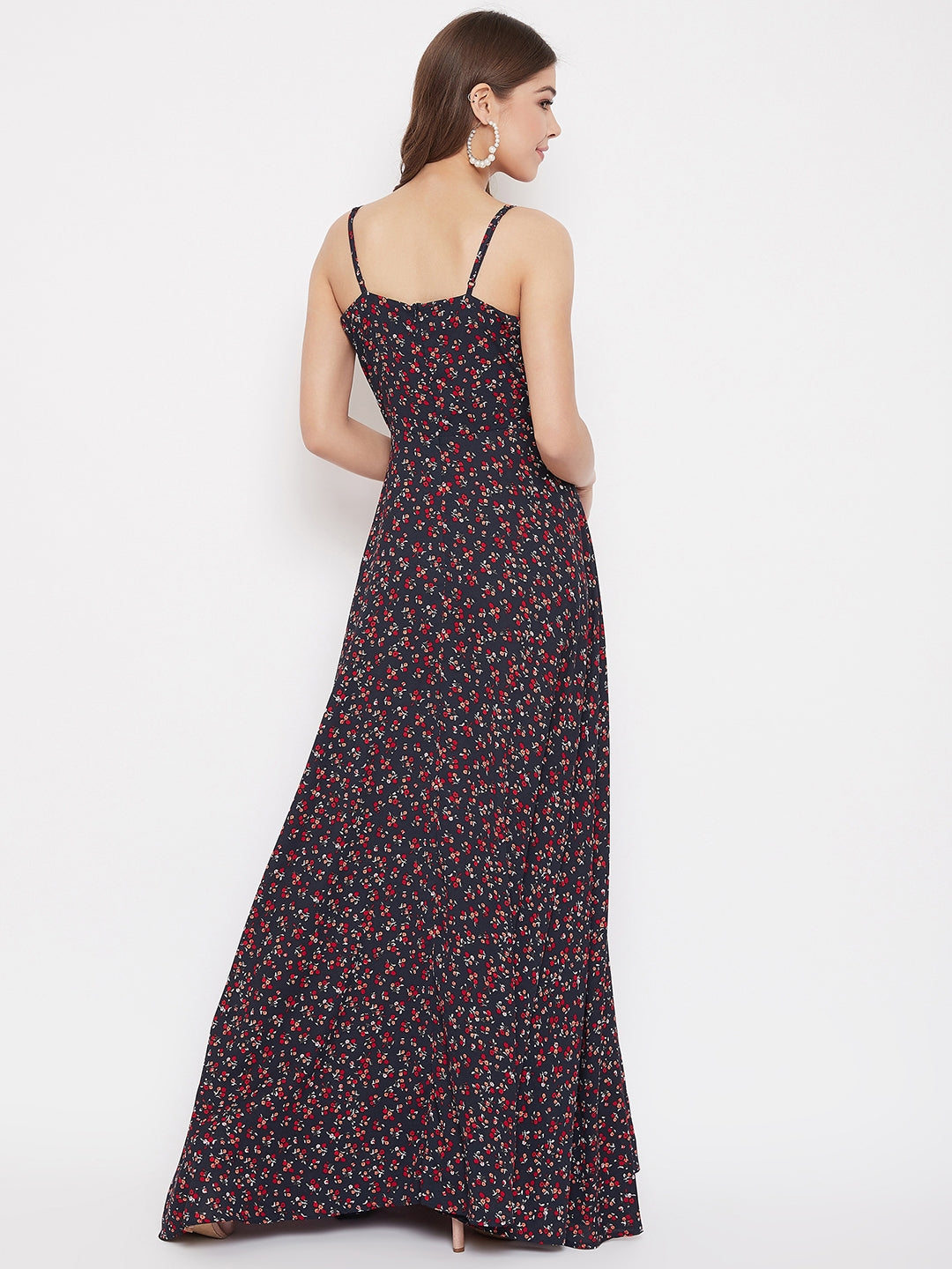 Berrylush Women Navy Blue Floral Printed V-Neck Flared Maxi Dress