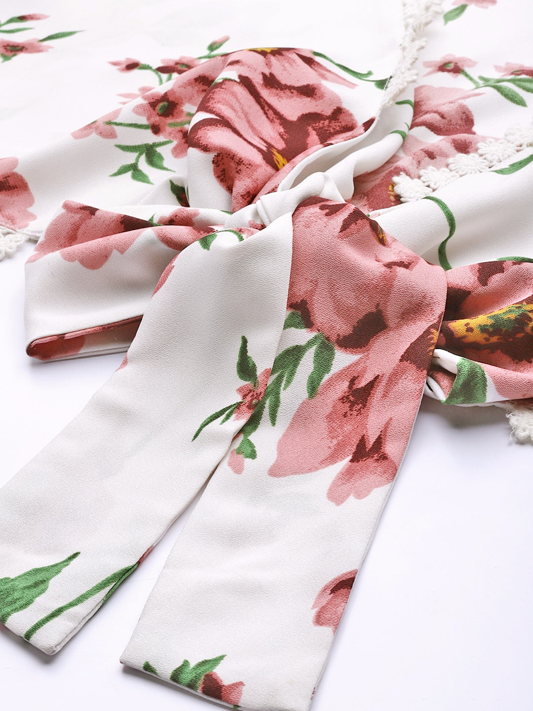 Berrylush Women White & Pink Floral Printed Tie Front Lace Trim Crop Top