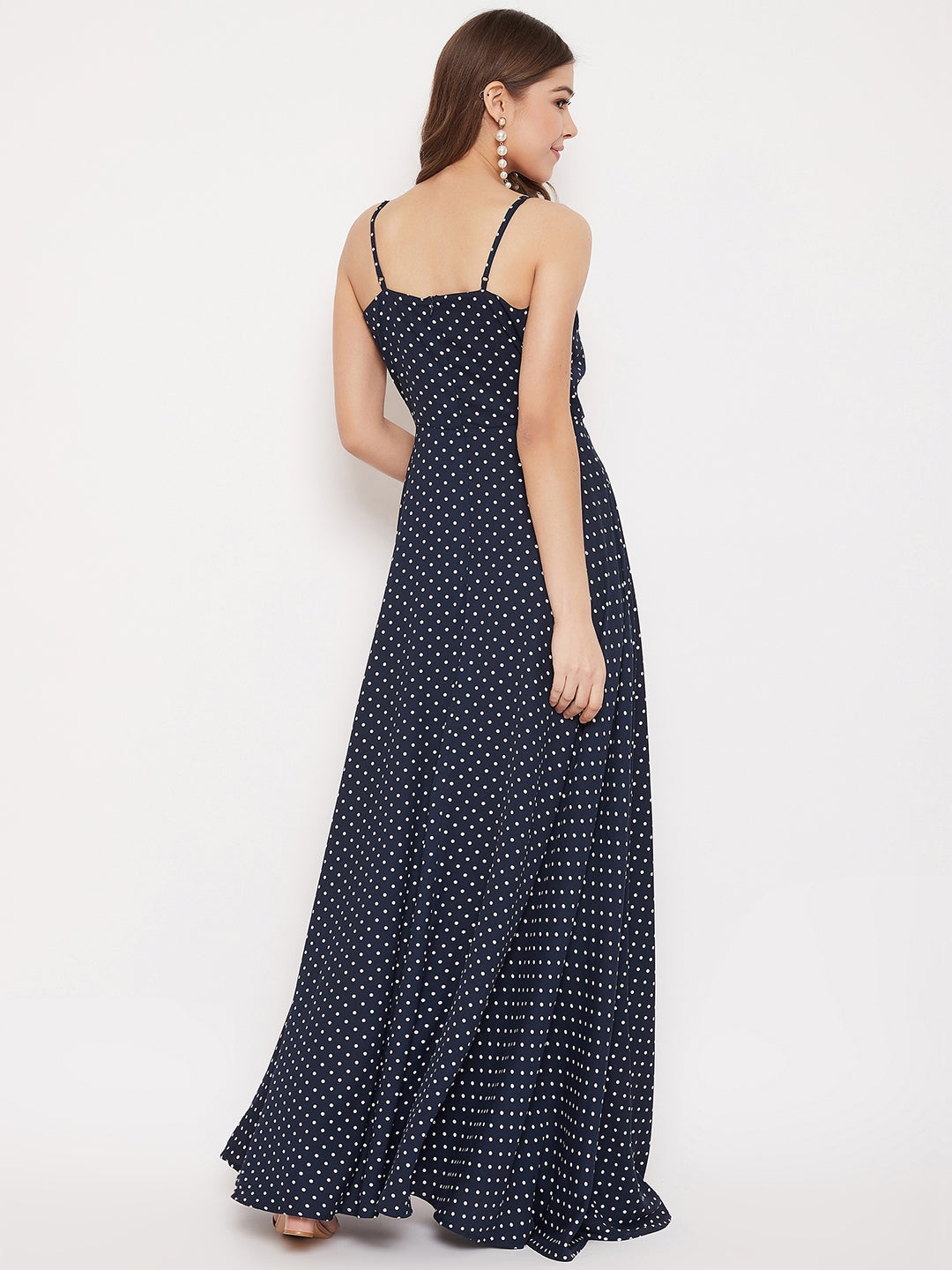 Berrylush Women Navy Blue & White Polka Dot Printed V-Neck Thigh-High Slit Flared Maxi Dress