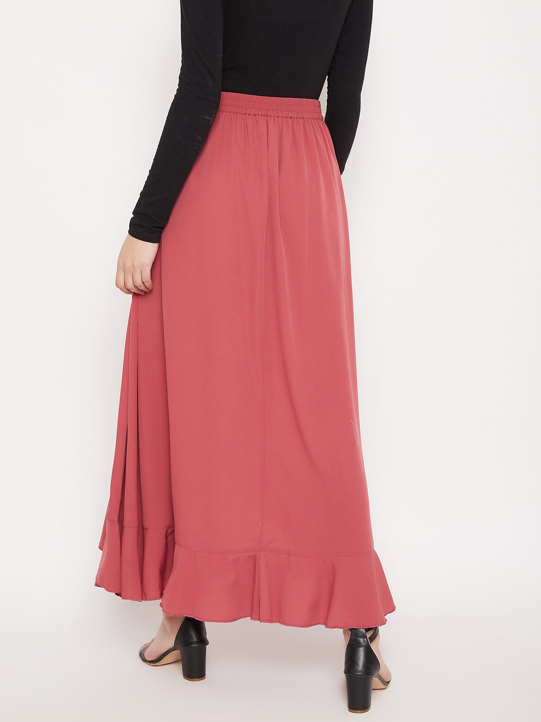 Berrylush Women Solid Pink Waist Tie-Up Ruffled Maxi Skirt With Attached Trousers
