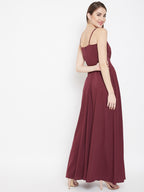 Women Solid Maroon V-Neck Sleeveless Crepe Thigh-High Slit A-Line Maxi ...