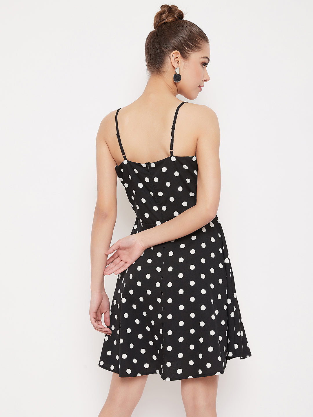 Berrylush Women Black & White Polka Dot Sleeveless Wrap Mini Dress