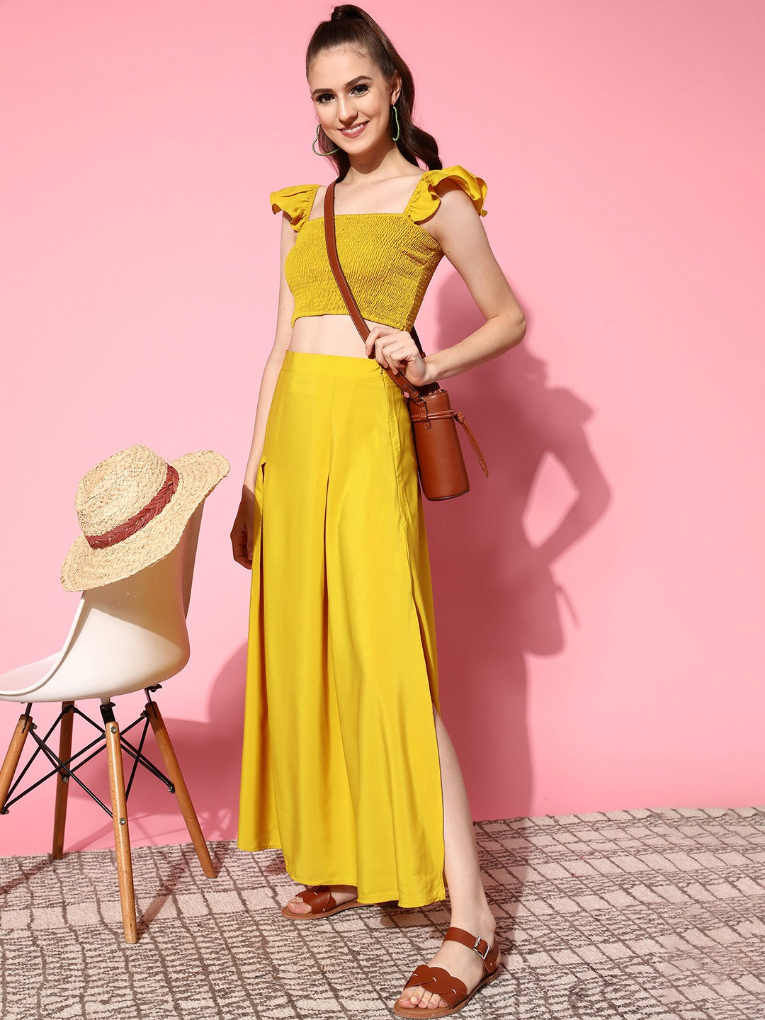 Women Solid Yellow Square Neck Smocked Crop Top & Thigh-High Slit ...