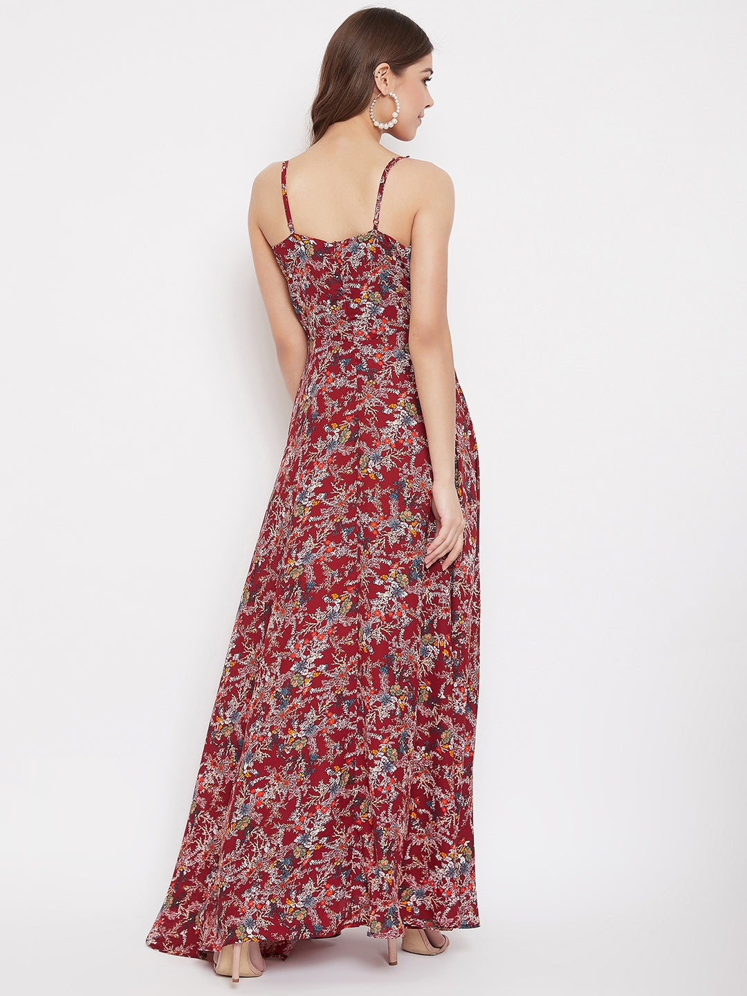 Berrylush Women Maroon Floral Printed V-Neck Maxi Dress