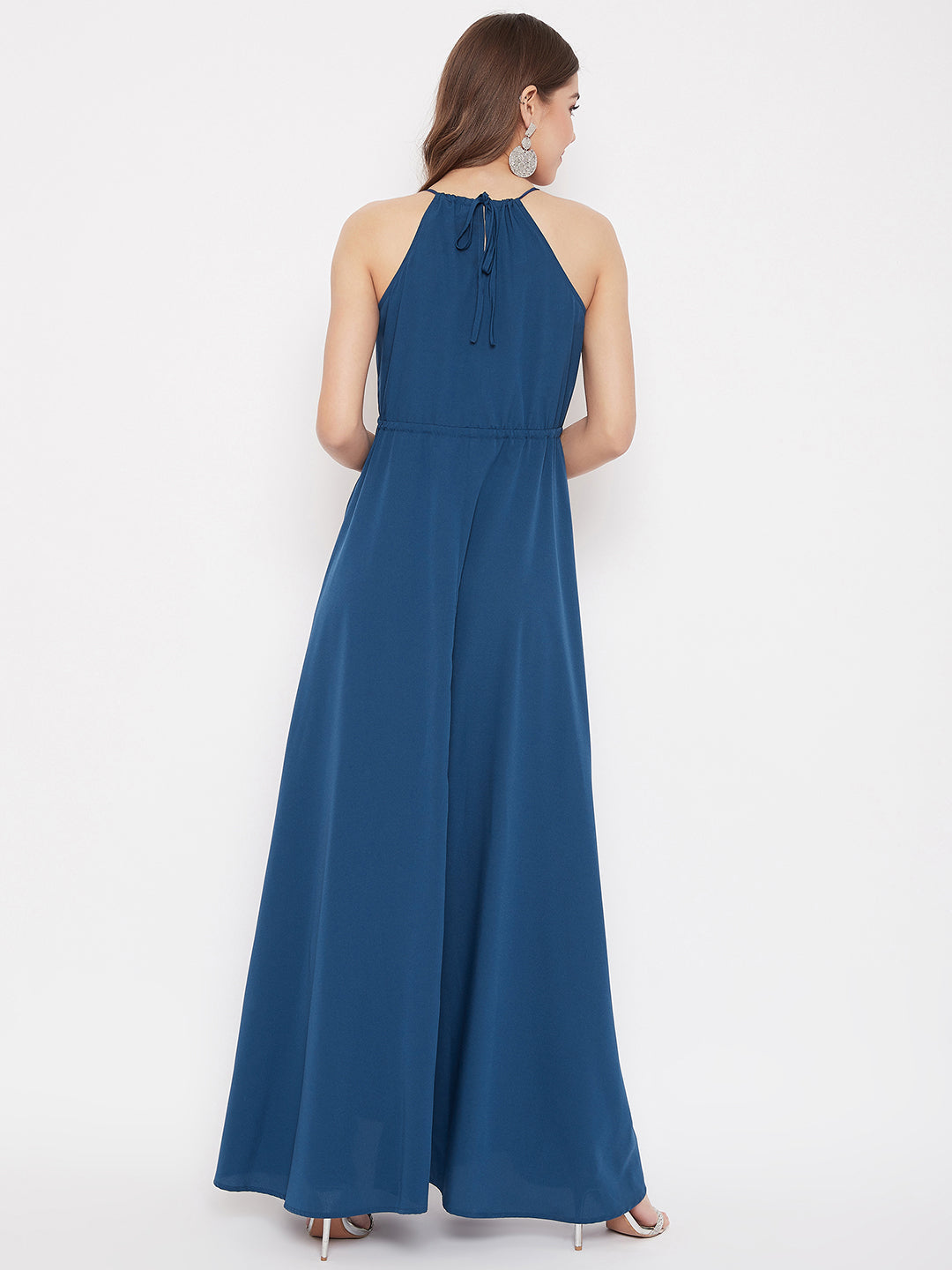 Berrylush Women Solid Blue Halter Neck Tie-Up Maxi Dress