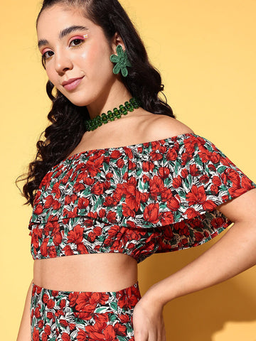 Women Deep Red & Green Floral Printed Off-Shoulder Neck Crop