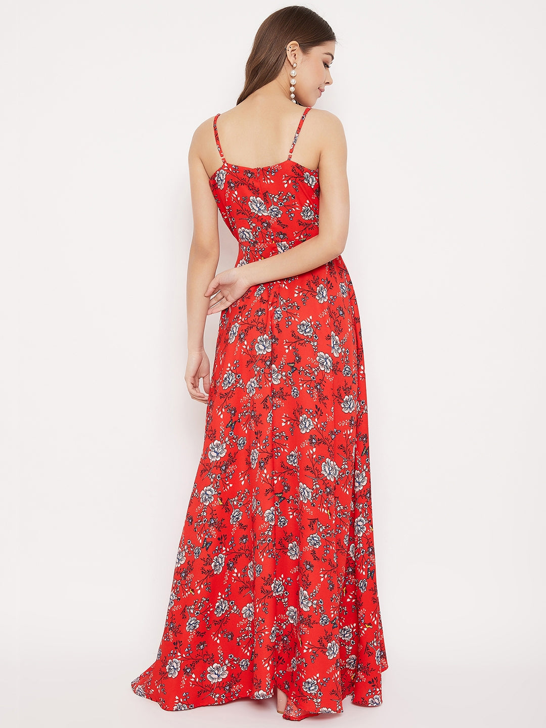 Berrylush Women Red & White Floral Printed V-Neck Thigh-High Slit Flared Maxi Dress