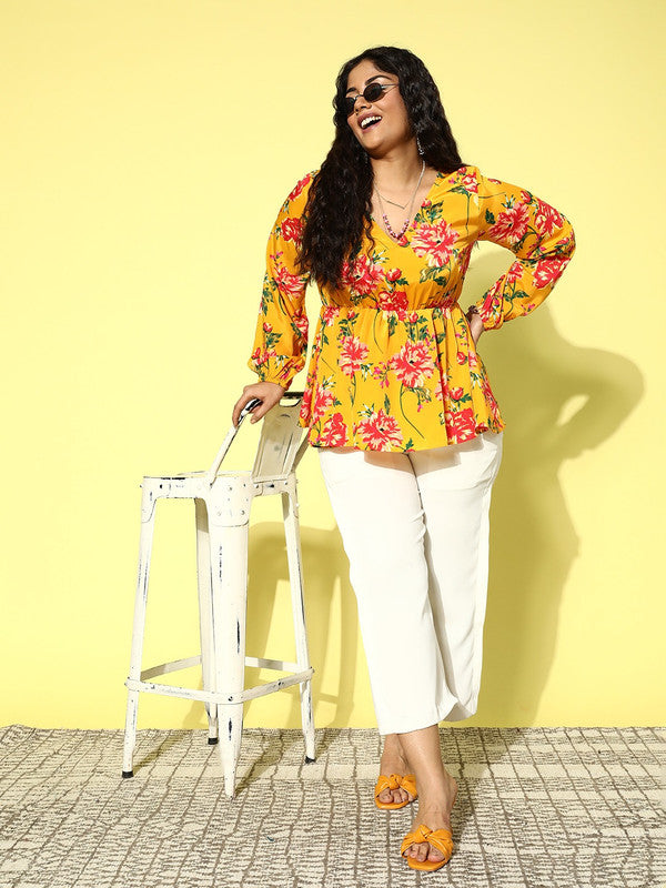 Women Plus Size Yellow & Red Floral Printed V-Neck Elastic Waist