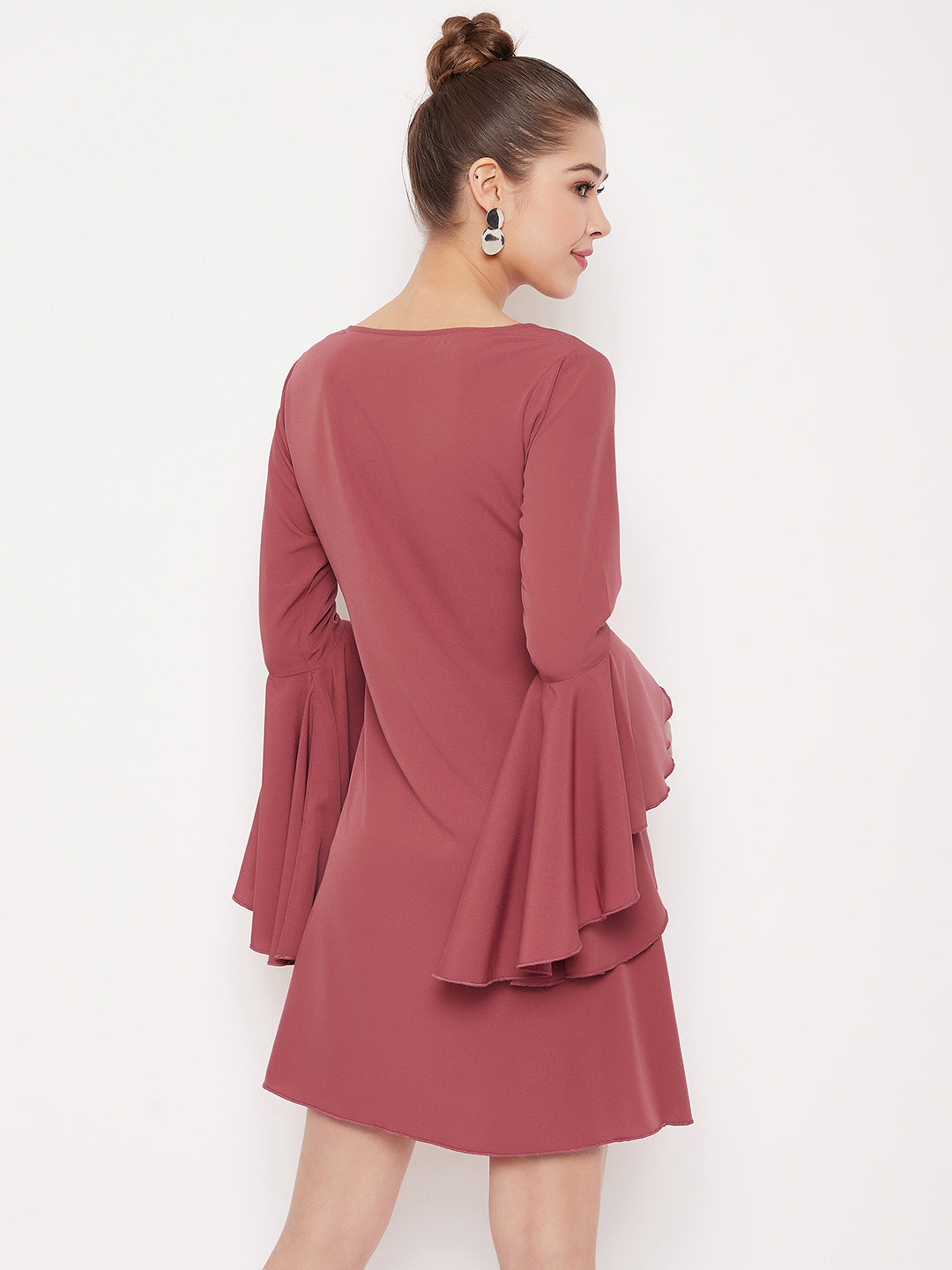 Berrylush Women Solid Dark Pink Round Neck Bell Sleeves Crepe Flared A-Line Mini Dress