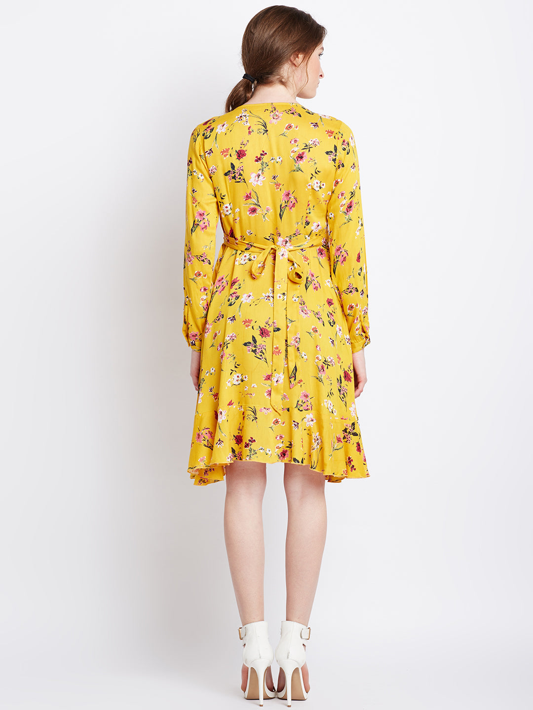 Yellow Printed Fit and Flare Dress - Berrylush
