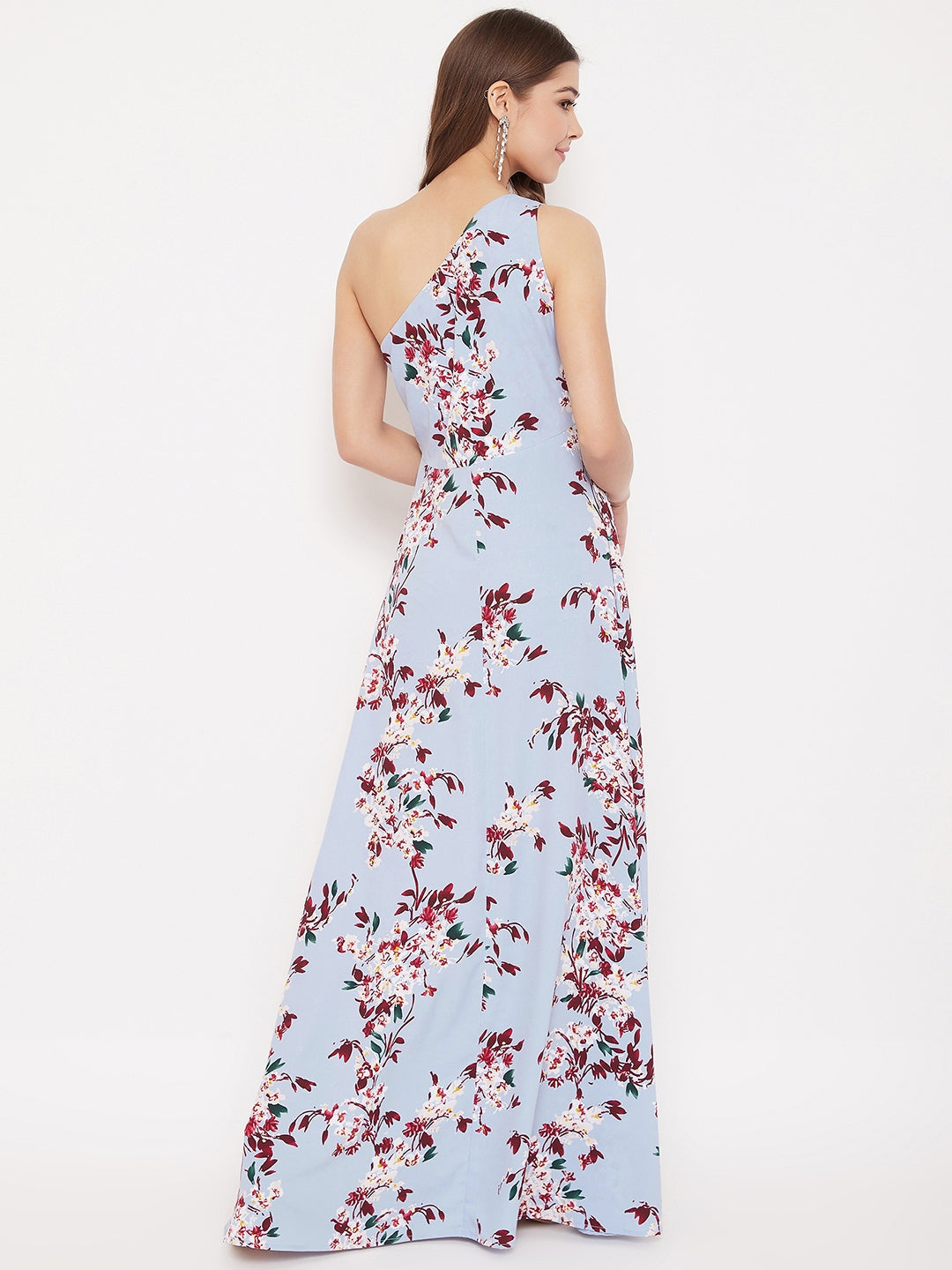 Berrylush Women Blue & Maroon Floral Printed One-Shoulder Neck Thigh-High Slit Flared Maxi Dress