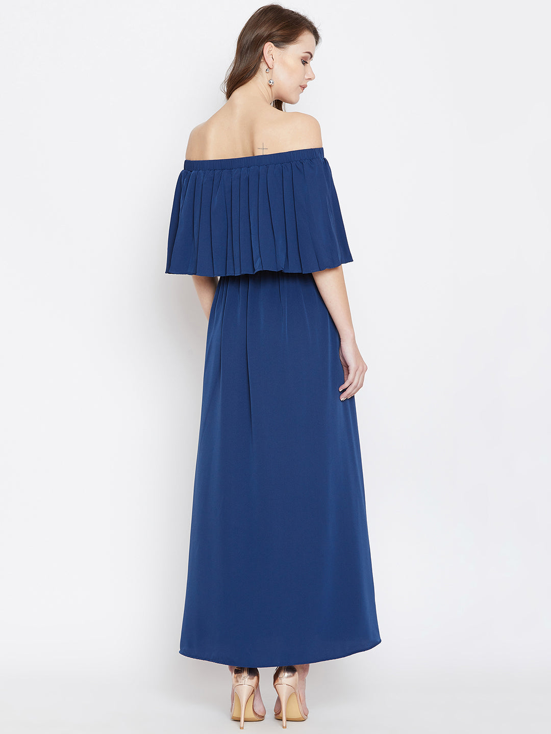 Blue Solid Off-Shoulder Layered Maxi Dress - Berrylush