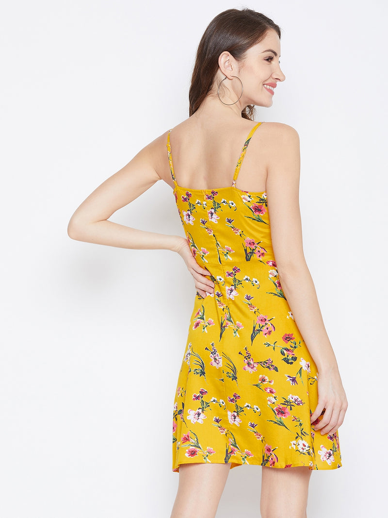 Berrylush Women Yellow & Red Floral Printed Square Neck Fit & Flare Mi