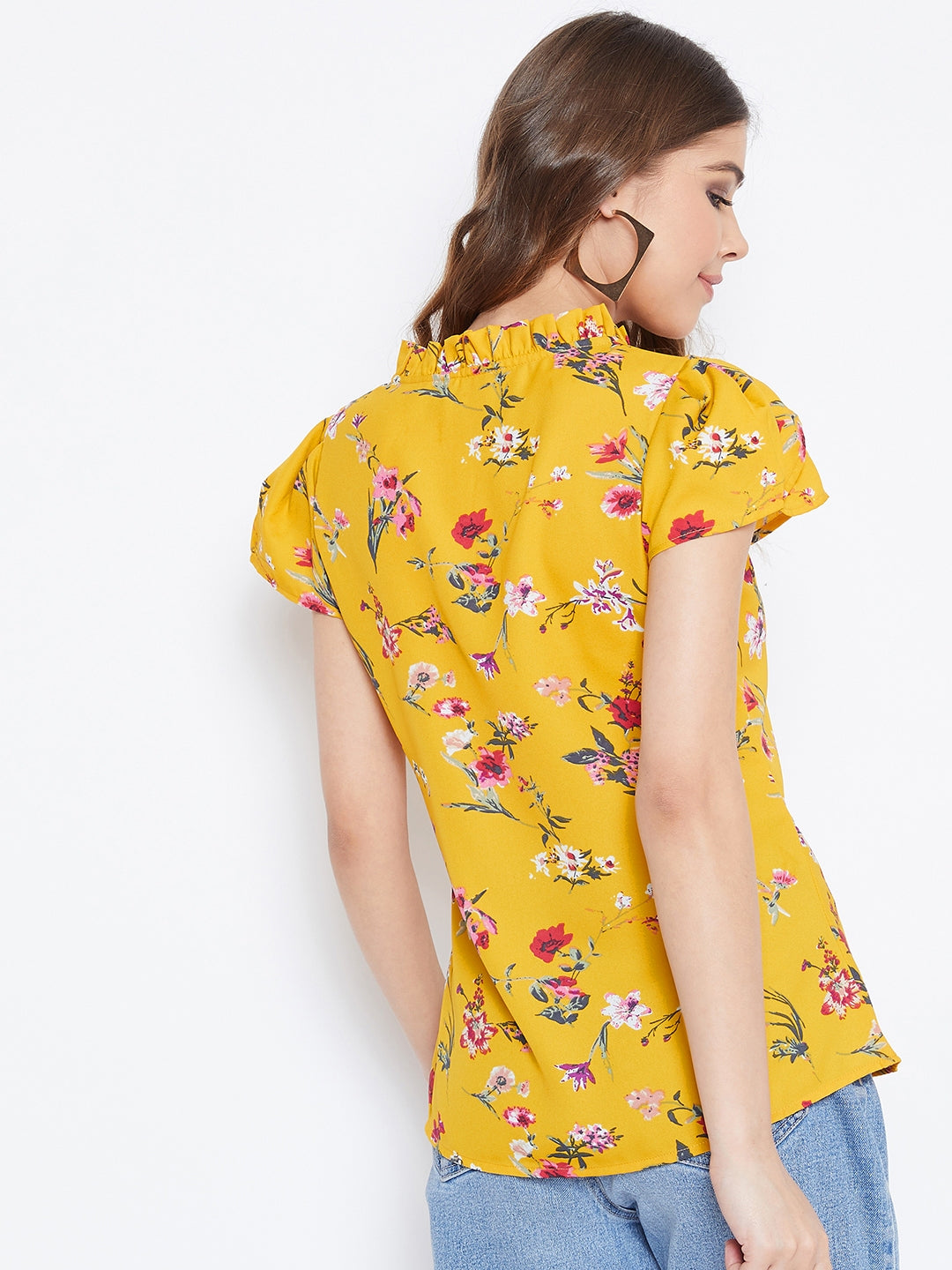 Berrylush Women Yellow Floral Printed Tie-Up Neck Top