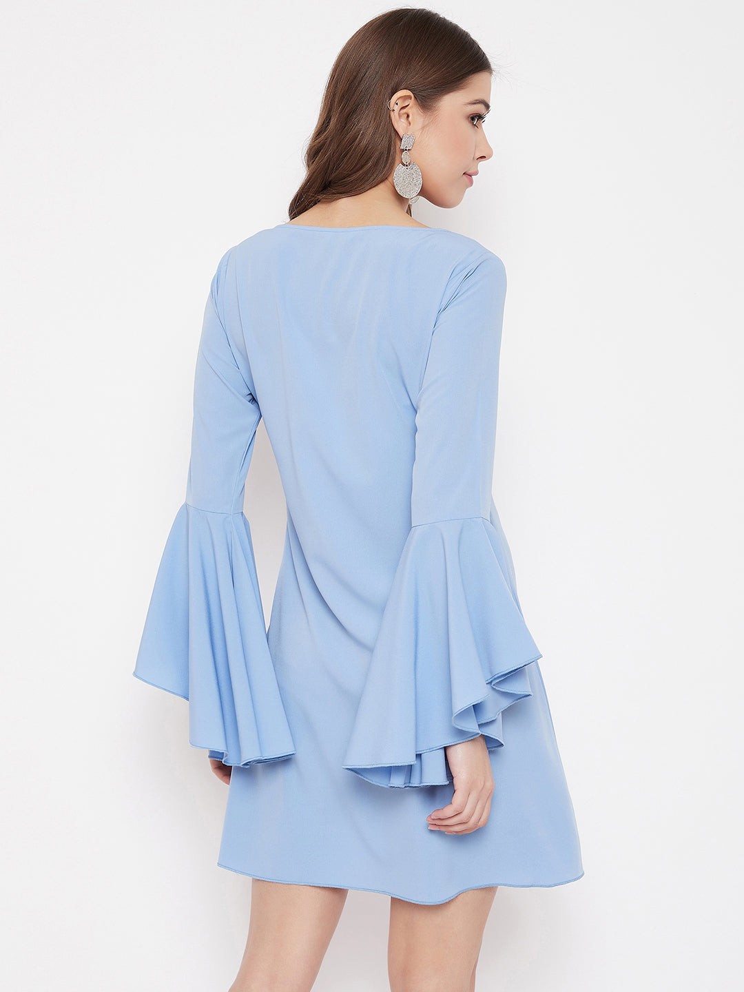 Berrylush Women Solid Blue Round Neck Bell Sleeve A-Line Mini Dress