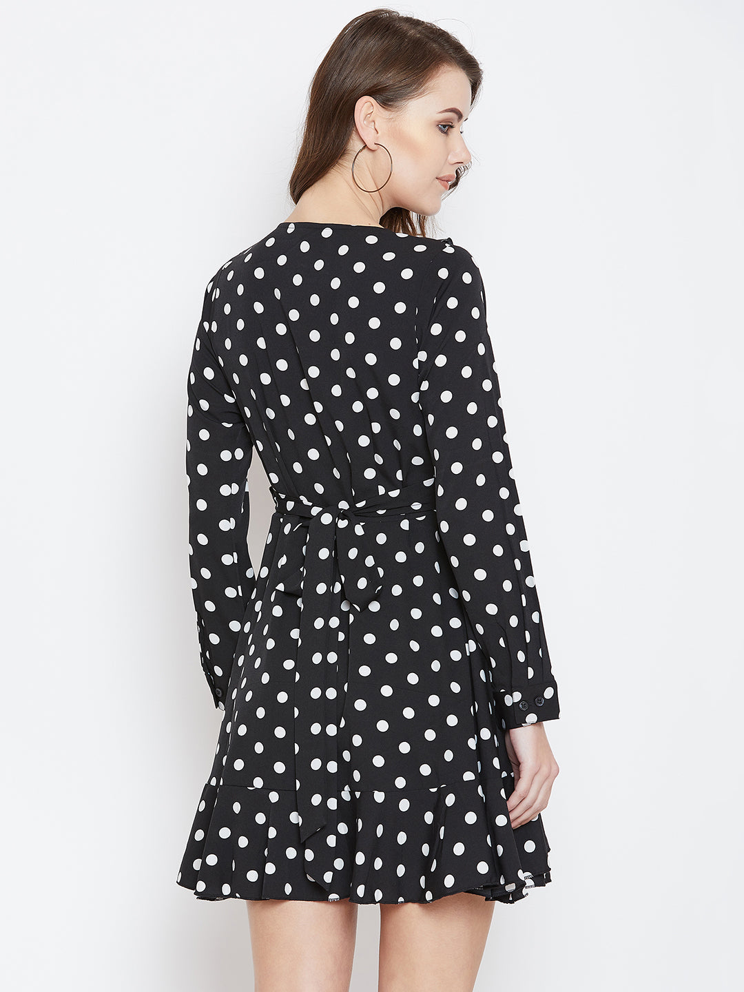 Berrylush Women Black & White Polka Dot Printed V-Neck Flounce Wrap Mi