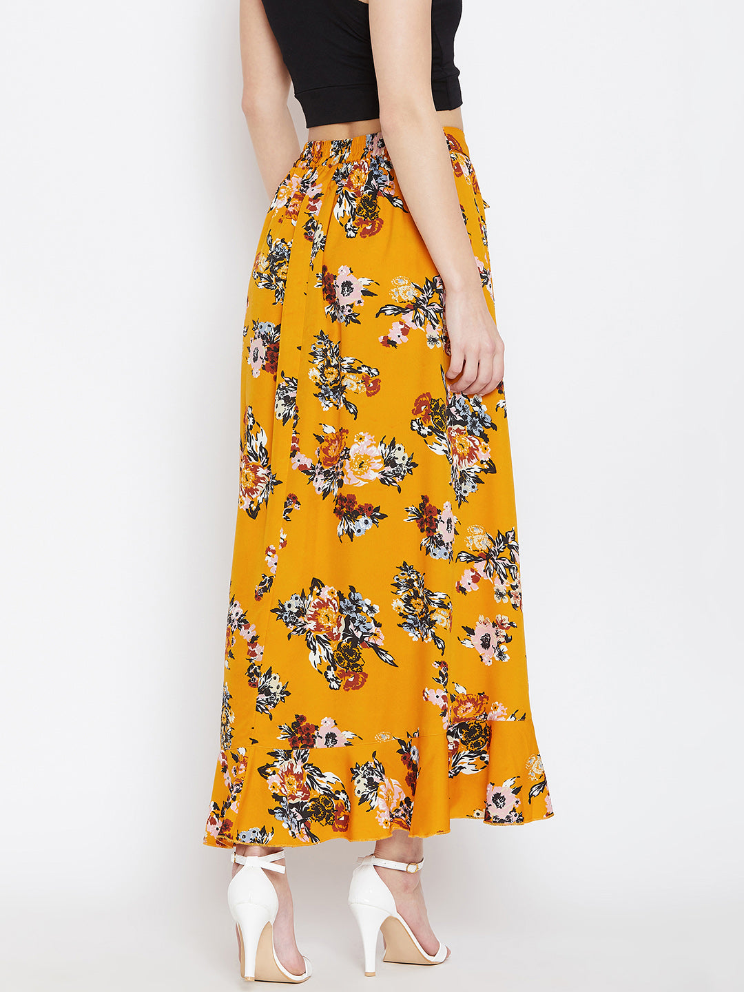 Mustard Yellow Printed Flared Maxi Skirt - Berrylush
