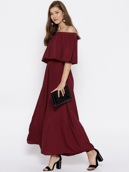 Maroon Solid Off-Shoulder Layered Maxi Dress - Berrylush