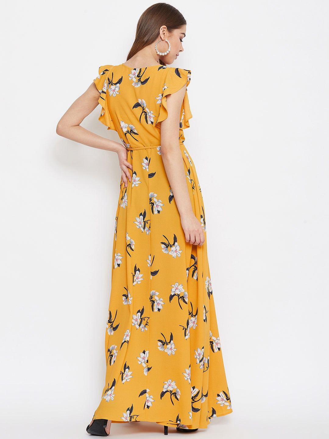 Berrylush Women Yellow Floral Printed V-Neck Thigh-High Slit Flared Wrap Maxi Dress