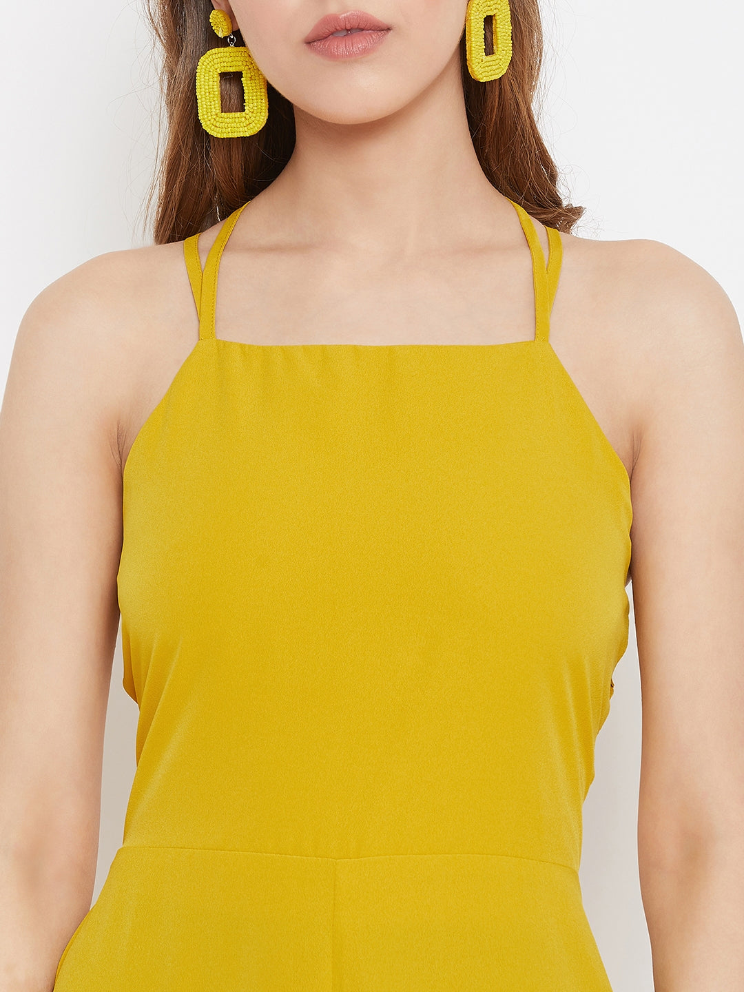 Berrylush Women Solid Mustard Yellow Halter Neck Caged Back Maxi Dress