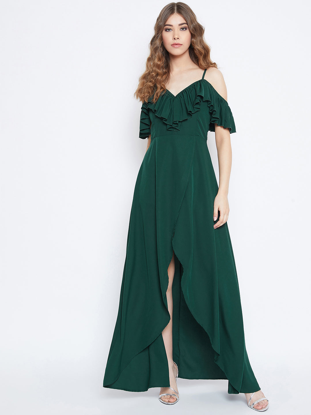 Berrylush Women Solid Dark Green V-Neck Thigh-High Slit Frilled Maxi Dress