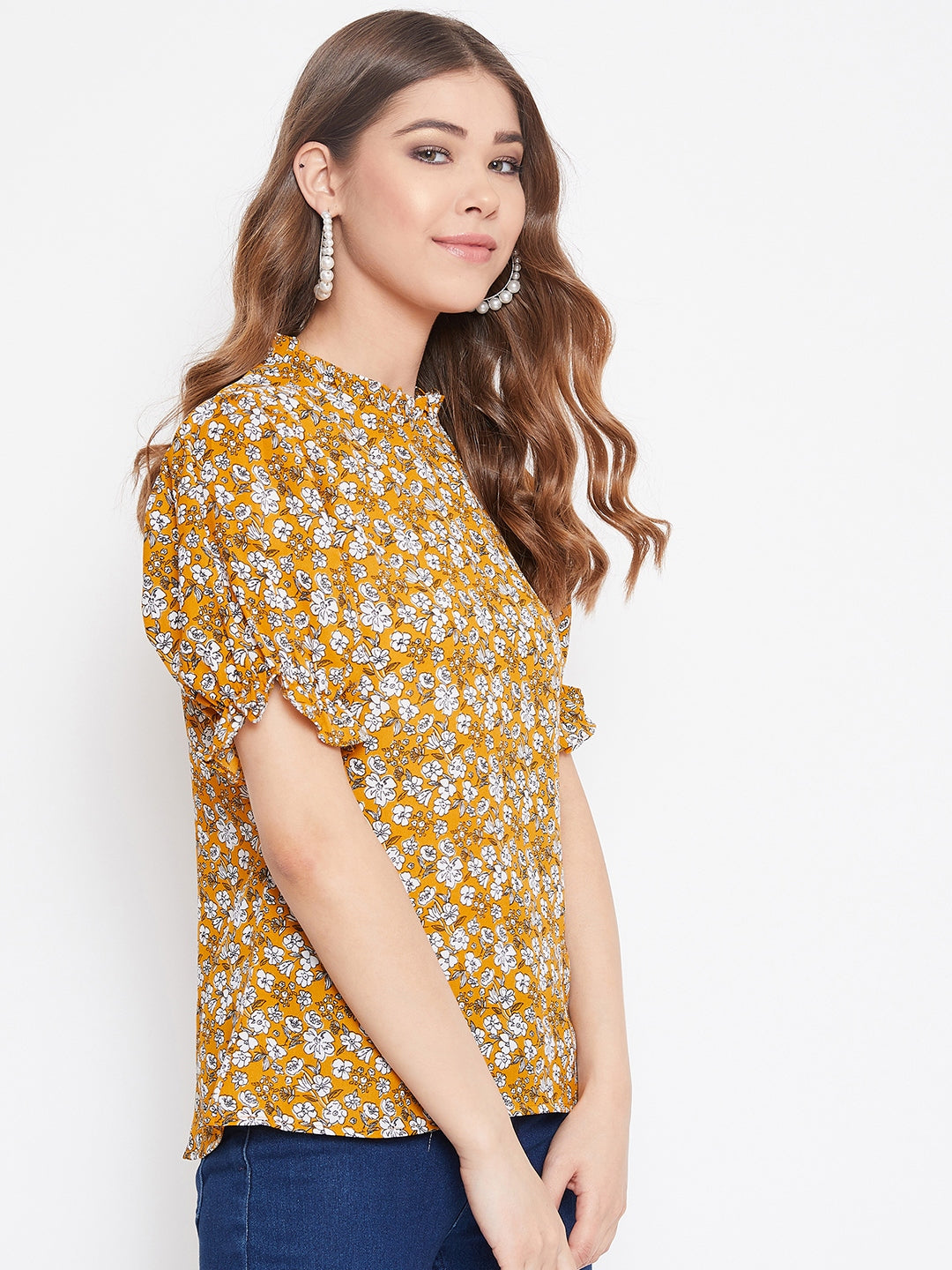 Berrylush Women Mustard Yellow & White Floral Printed Mandarin Collar Pleated Top