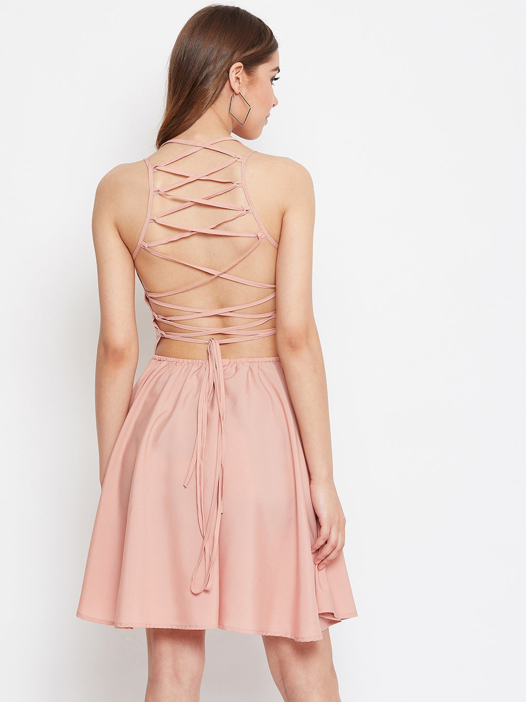 Berrylush Women Solid Pink Square-Neck Caged Back Tie-Up Fit & Flare Mini Dress