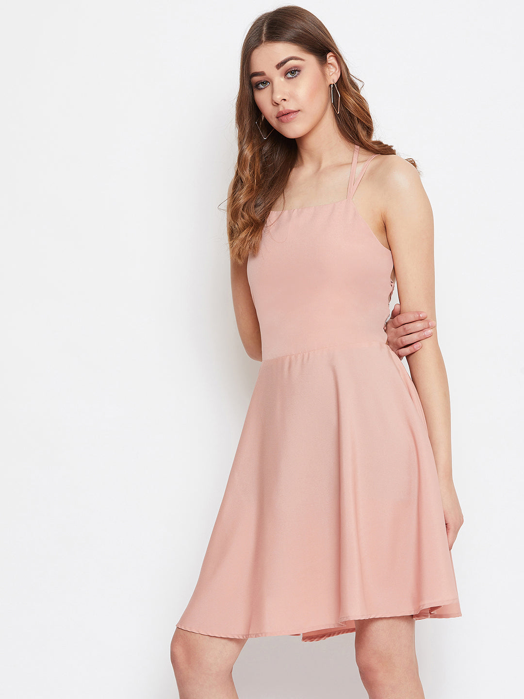 Berrylush Women Solid Pink Square-Neck Caged Back Tie-Up Fit & Flare Mini Dress