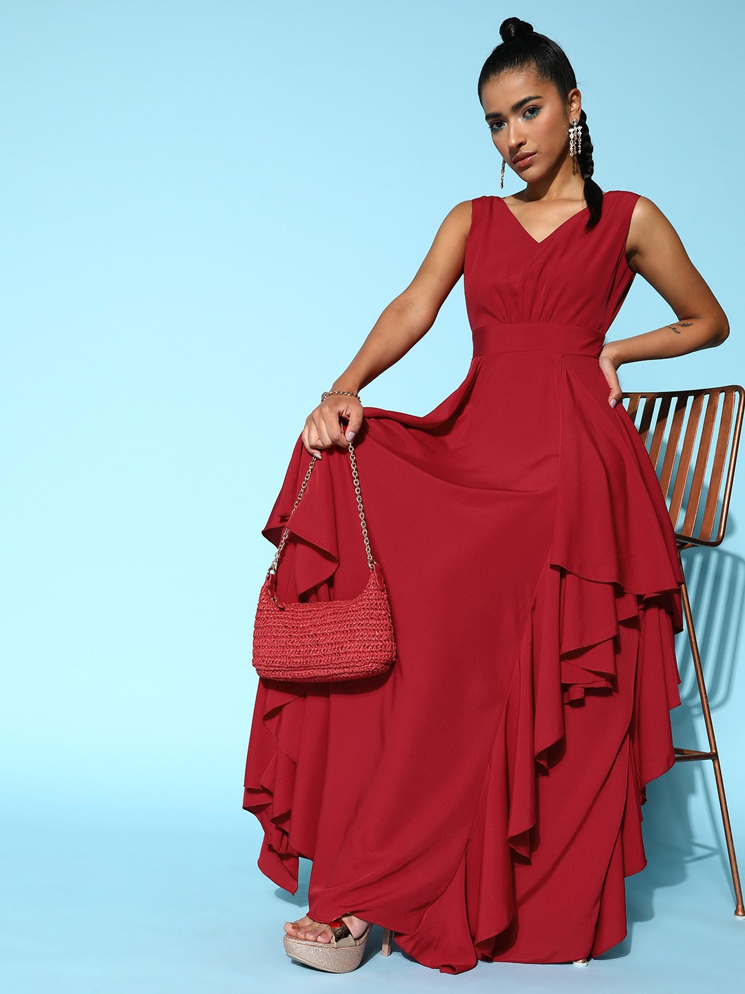 Berrylush Women Solid Red V-Neck Open-Back Crepe Layered Maxi Dress