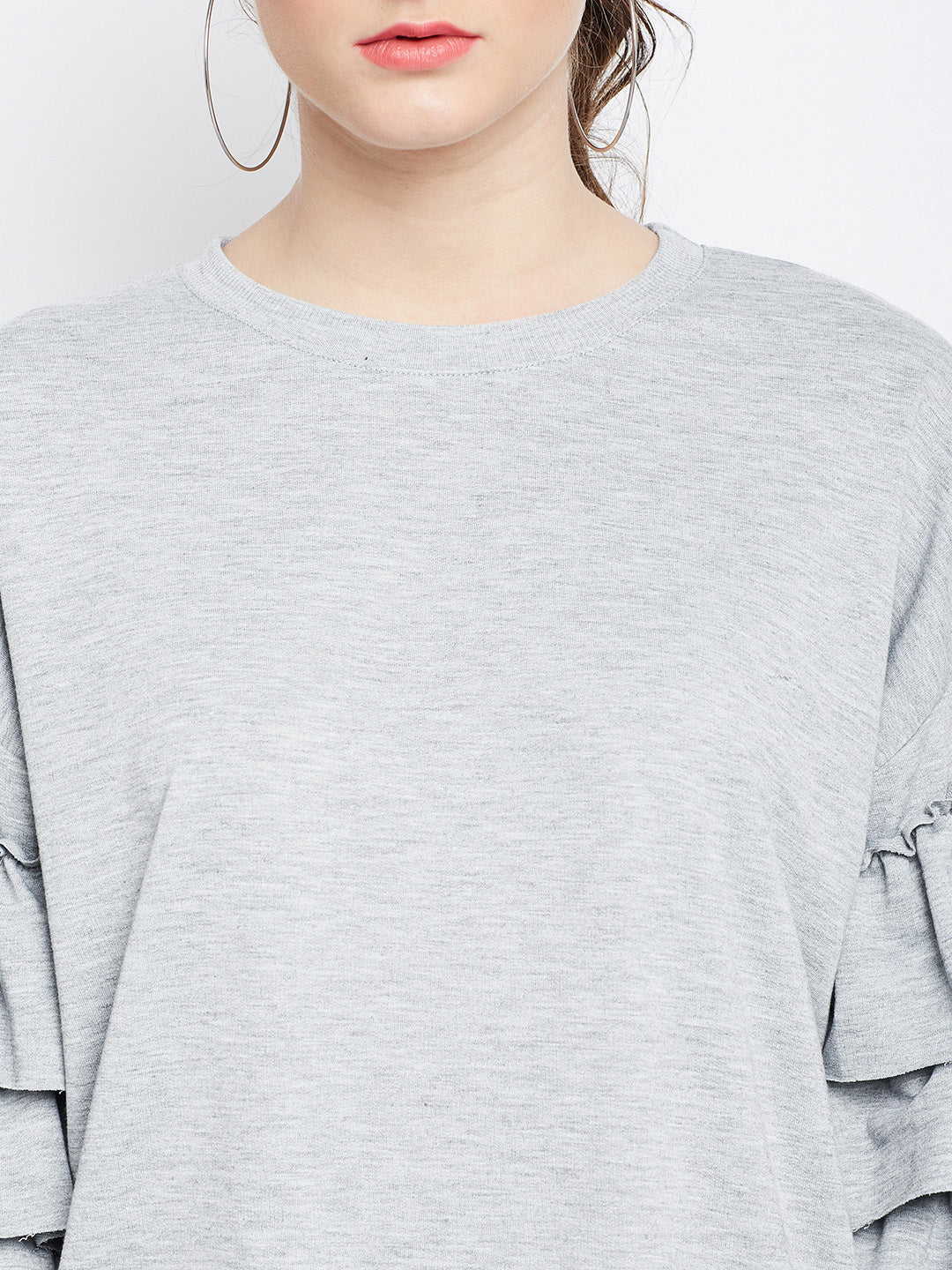 Berrylush Women Solid Grey Round Neck Three-Quarter Sleeve Cotton Fit & Flare Mini Dress