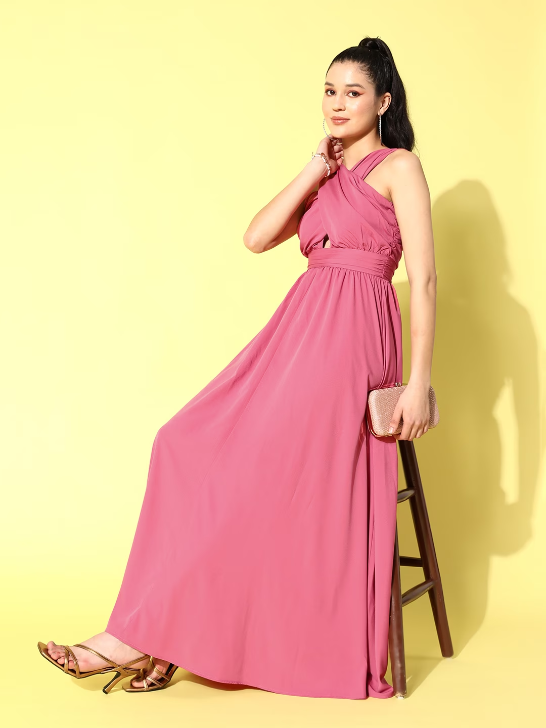 Berrylush Women Solid Pink V-Neck Criss-Cross Back Crepe Flared A-Line Maxi Dress