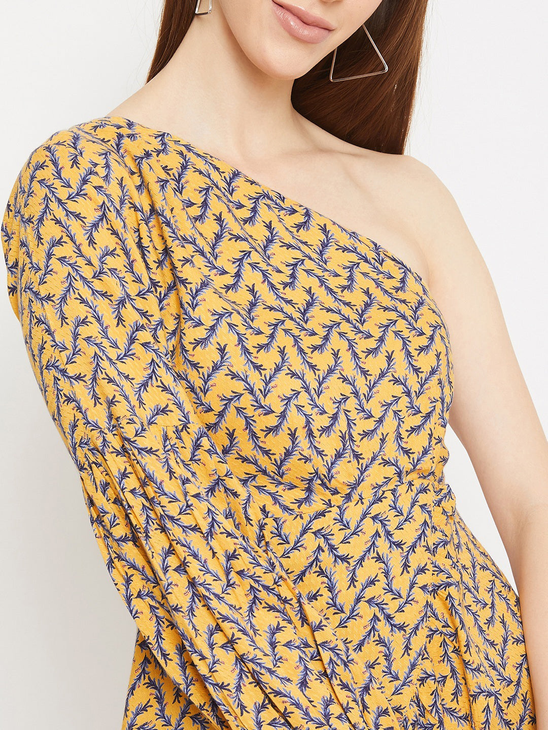 Berrylush Women Yellow & Blue Floral Printed One-Shoulder Neck Cotton Tulip Hem Ruffled Fit & Flare Mini Dress