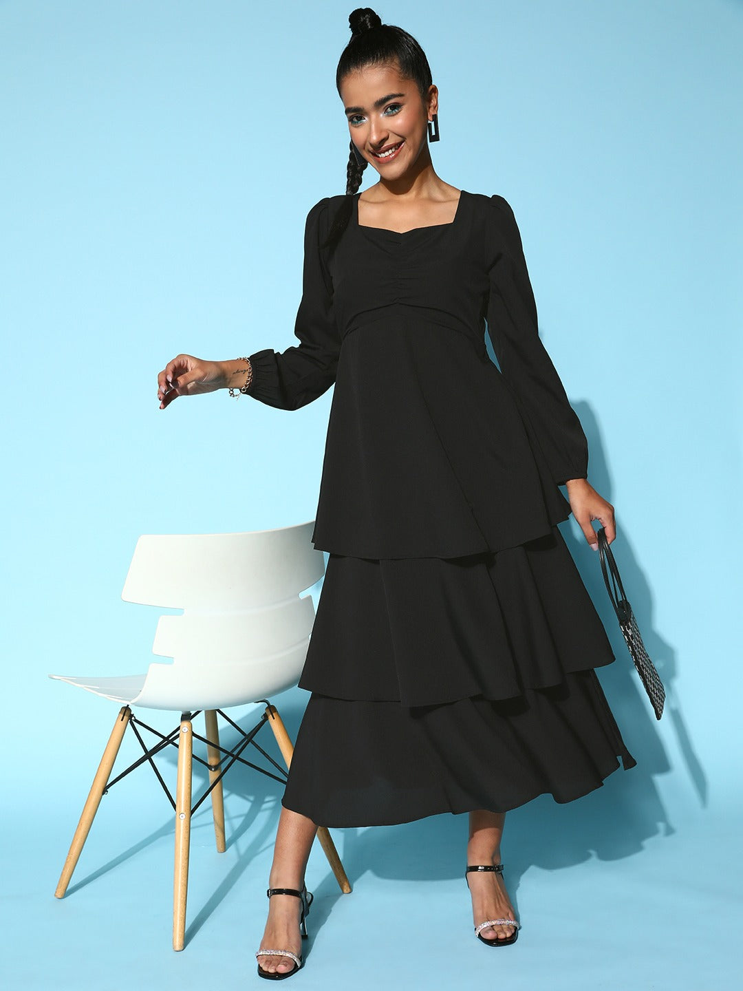 Berrylush Women Solid Black Sweetheart Neck Puff Sleeve Flounce Tiered A-Line Maxi Dress