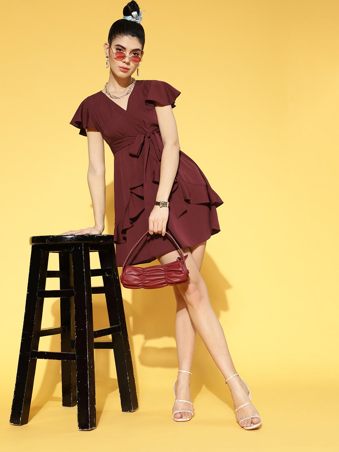 Berrylush Women Solid Maroon V-Neck Waist Tie-Up Crepe Ruffled Fit & Flare Wrap Mini Dress