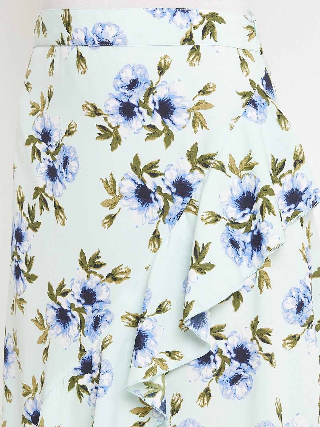 Berrylush Women Green Floral Print High-Low Wrap Midi Skirt