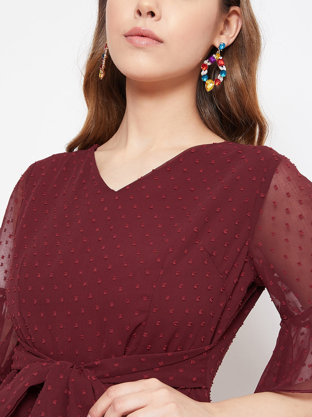 Berrylush Women Solid Maroon Self-Design Patterned V-Neck Layered Fit & Flare Mini Dress
