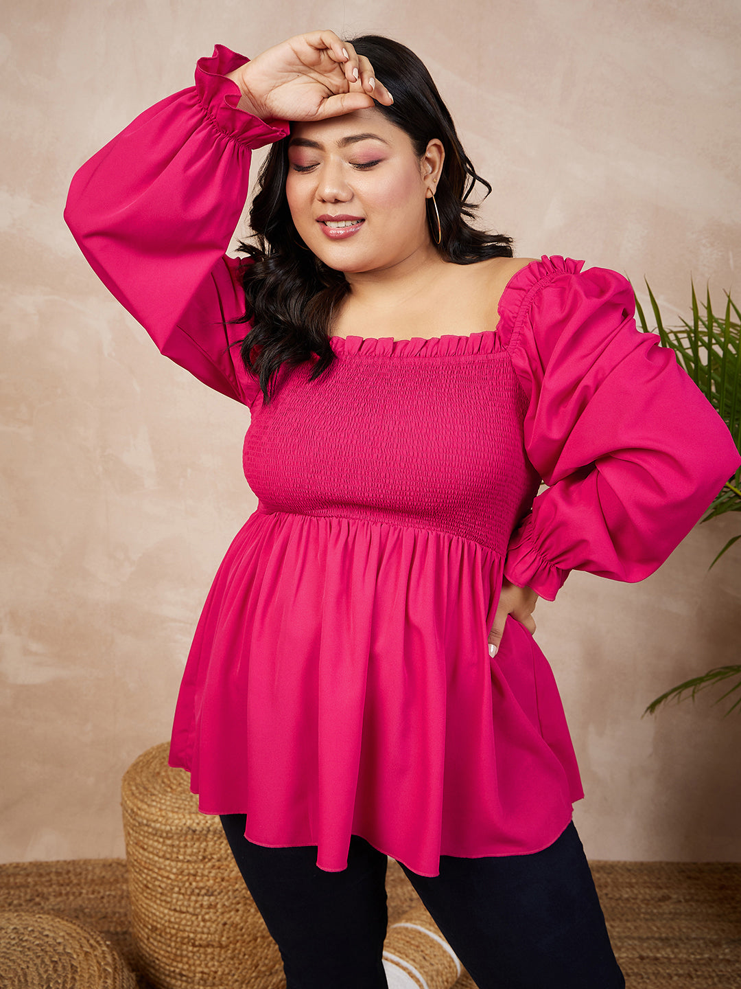 Women Plus Size Solid Pink Square Neck Flutter Sleeve Ruffled