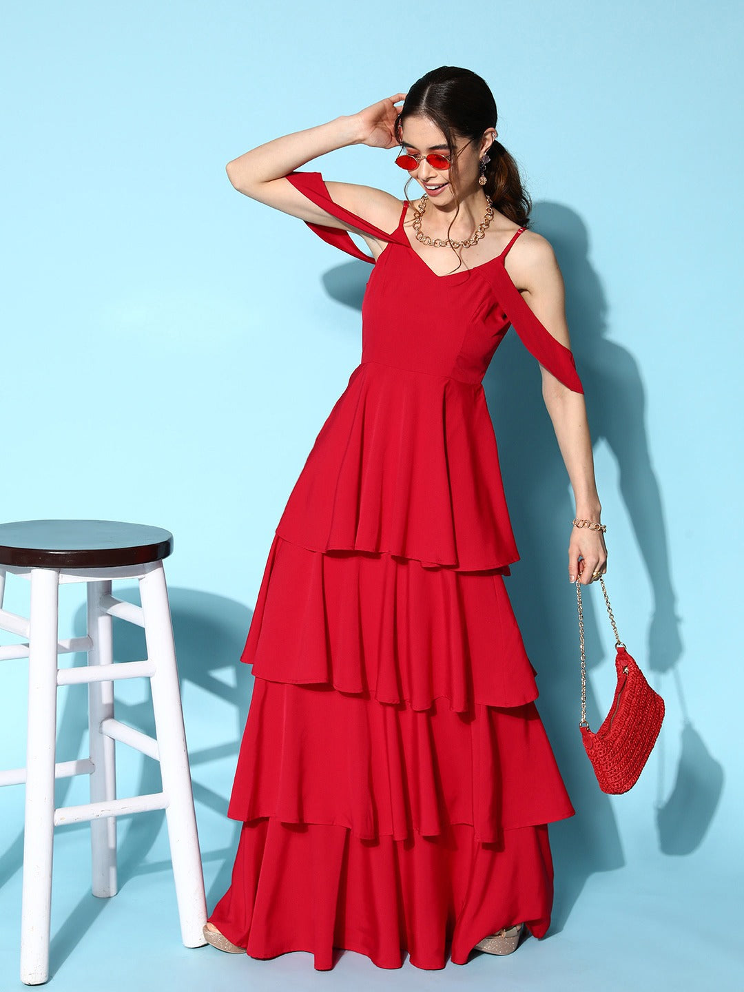 Berrylush Women Solid Red V-Neck Cold-Shoulder Flounce Hem Layered A-Line Maxi Dress