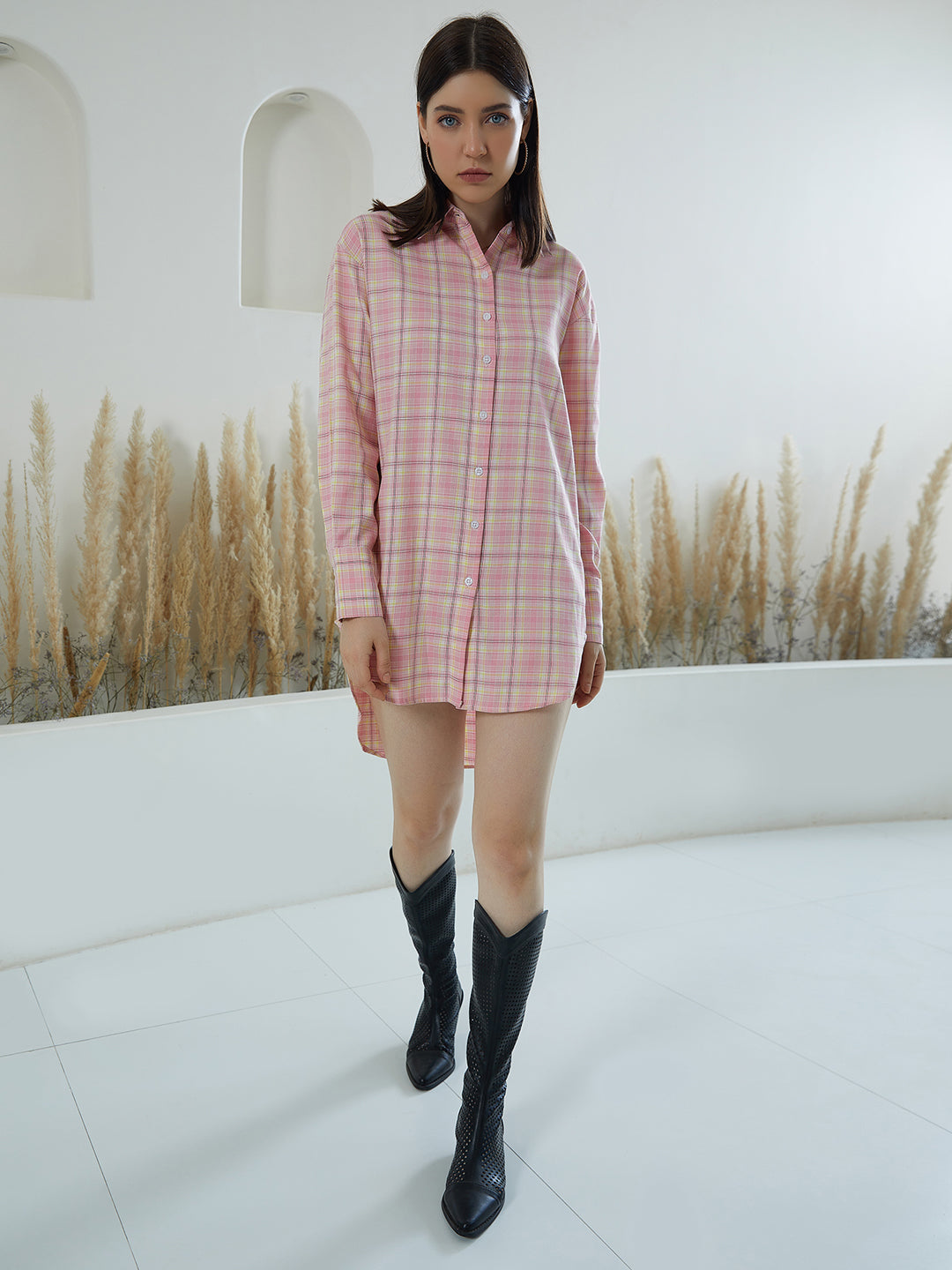 Berrylush Women Pink & White Checked Pattern Collar Neck Crepe Button-Up High-Low Shirt Style Mini Dress